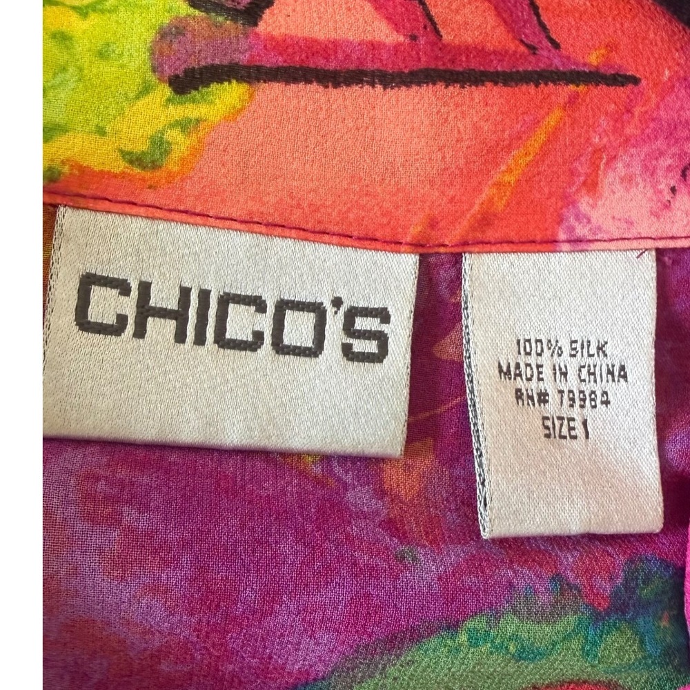 Chico's Women Medium 100% Silk Shirt Sheer Pink Multicolor Art To Wear Top - Picture 3 of 15